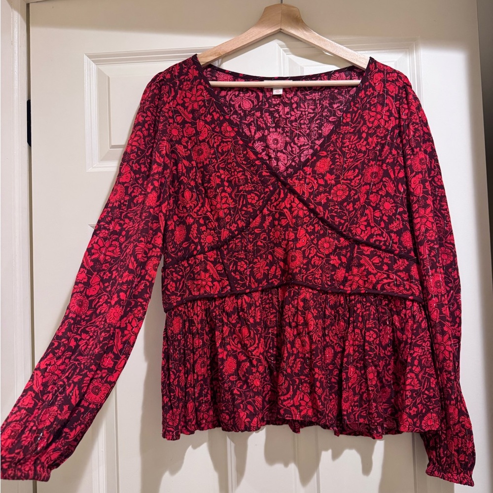 Knox Rose Red Floral Peplum Long-Sleeve Blouse